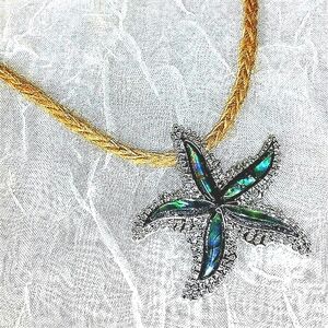 Necklace Abalone Starfish Pendant Silver macrame 16" adjustable NEW